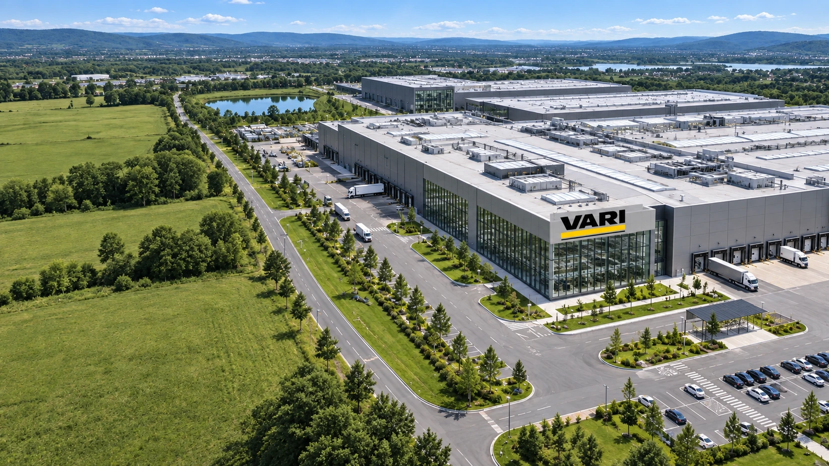 Дневная визуальная концепция завода с вывеской VARI
